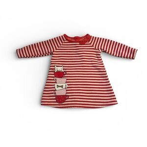 🌷Gymboree Red and White Striped Size 6-12 Months Dress with Tea Cups and Kitten